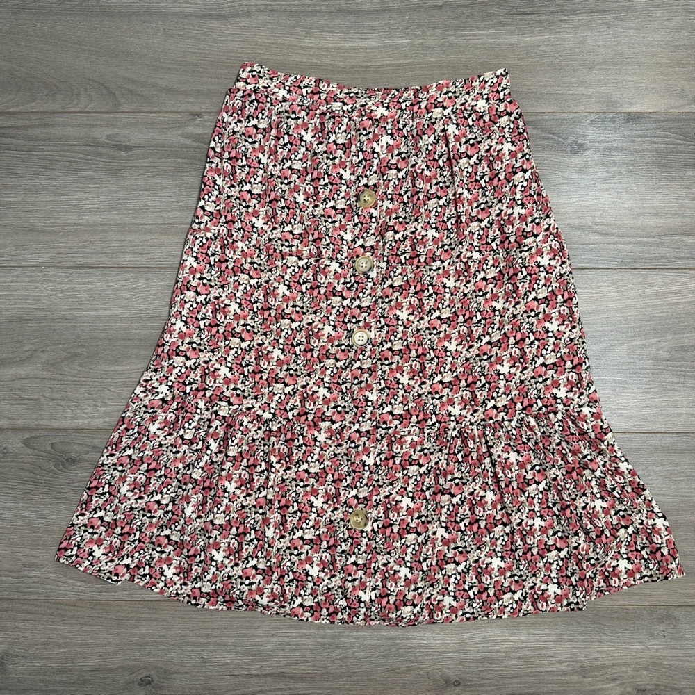 Vintage Floral Button-Front Midi Skirt - Pink Floral